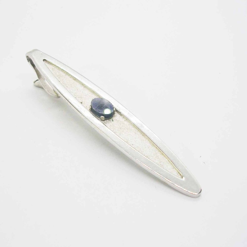 Vintage Tie Clip genuine Sodalite Stone men's Suit Accessory Formal Wear